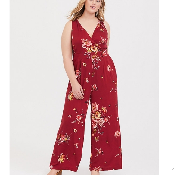 torrid Other - Plus Size Floral Wide-Leg Jumpsuit - Burgundy